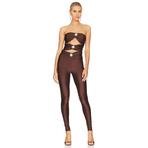 Ronny Kobo Delrey Strapless Cut Out Jumpsuit Catsuit Stretch Jersey Chocolate S - Picture 13 of 14